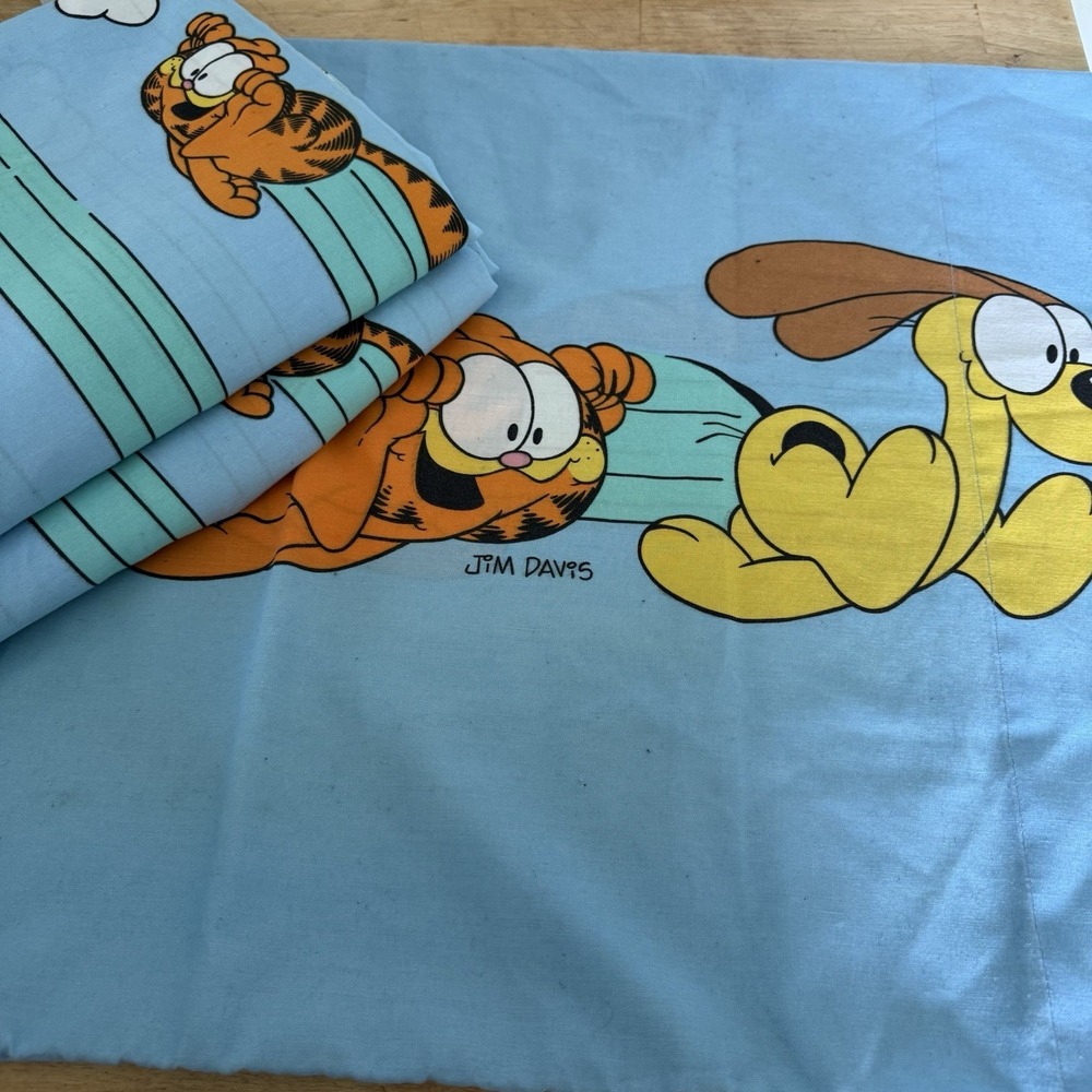 Garfield Twin Sheet Bedding Set Fitted Flat Sheet Case Jim Davis USA Blue Vtg